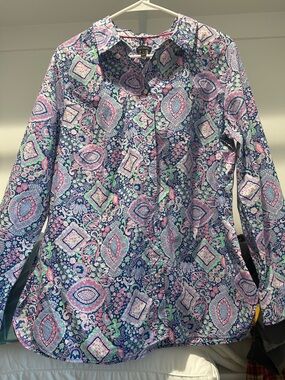 Talbots Navy Blue Pink Green Paisley Button-Front Blouse
